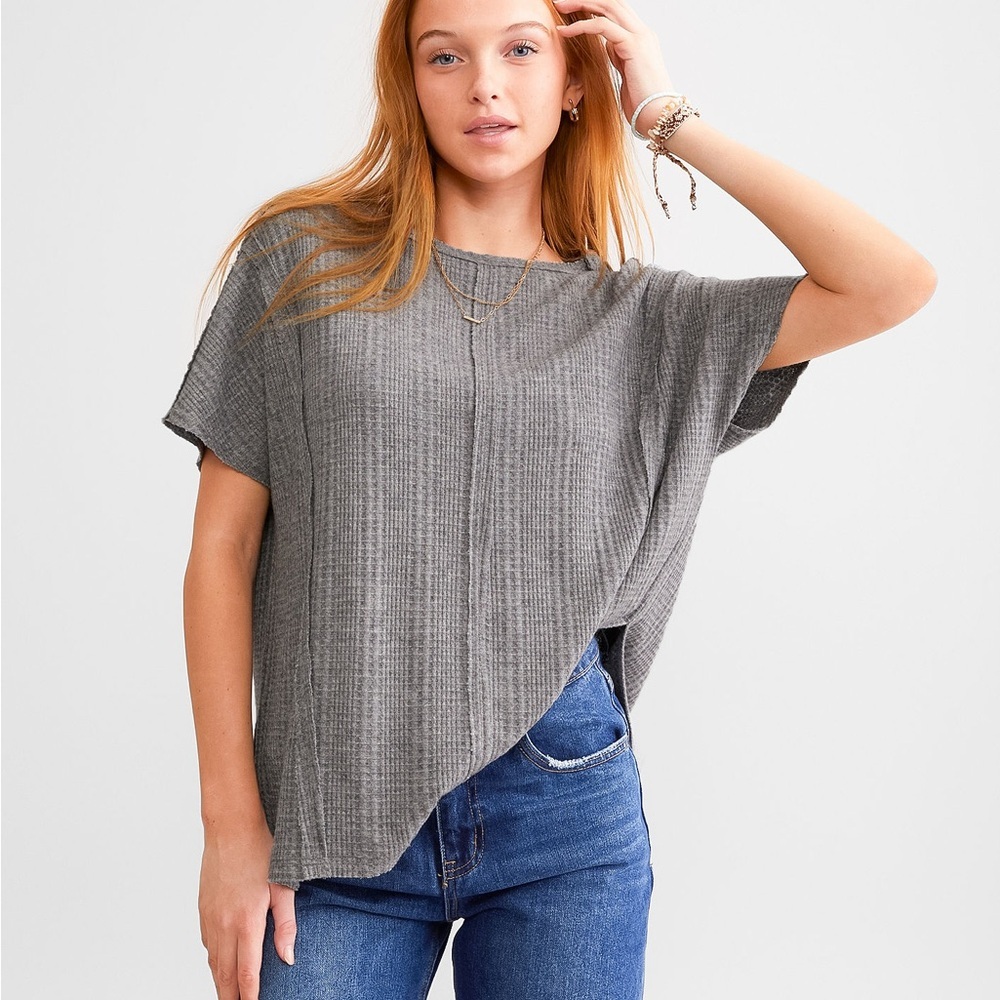 BKE Gray Waffle-Knit Short Sleeve Boxy Sweater Top